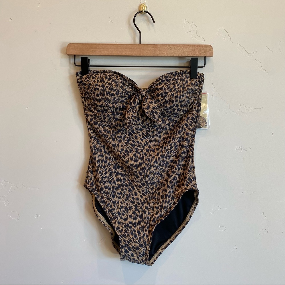 MICHAEL KORS Leopard Cheetah Print Cruise Resort One Piece Swimsuit Gold Accents